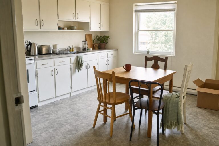Shared student apartment kitchen and eating corner furnished with mixed, clearly unmatched pieces