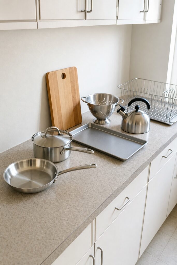 The shared kitchen buys grouped on a counter: one pan, one pot, a baking sheet, a cutting board, a kettle and a dish rack
