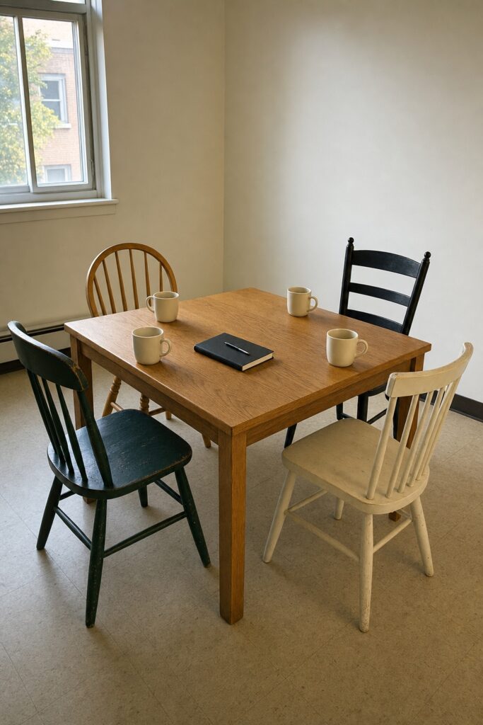 A shared student apartment table set up for four people to sit and talk, with four plain mugs and a closed notebook