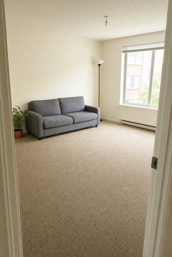 A deliberately under-furnished student living room with one sofa, one plant and a large area of empty floor