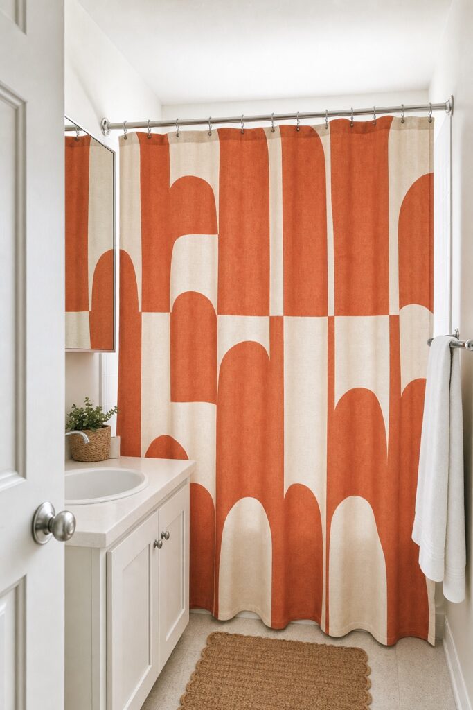 Plain rental bathroom transformed by a bold terracotta and cream patterned shower curtain