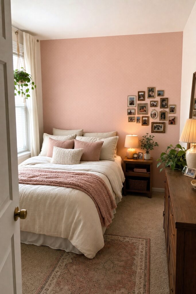 College apartment bedroom with a blush peel-and-stick accent wall, layered bedding, and a personal photo gallery