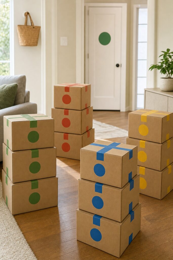 Sealed moving boxes stacked in small groups, each marked with a different color of tape strip or dot sticker instead of written labels.