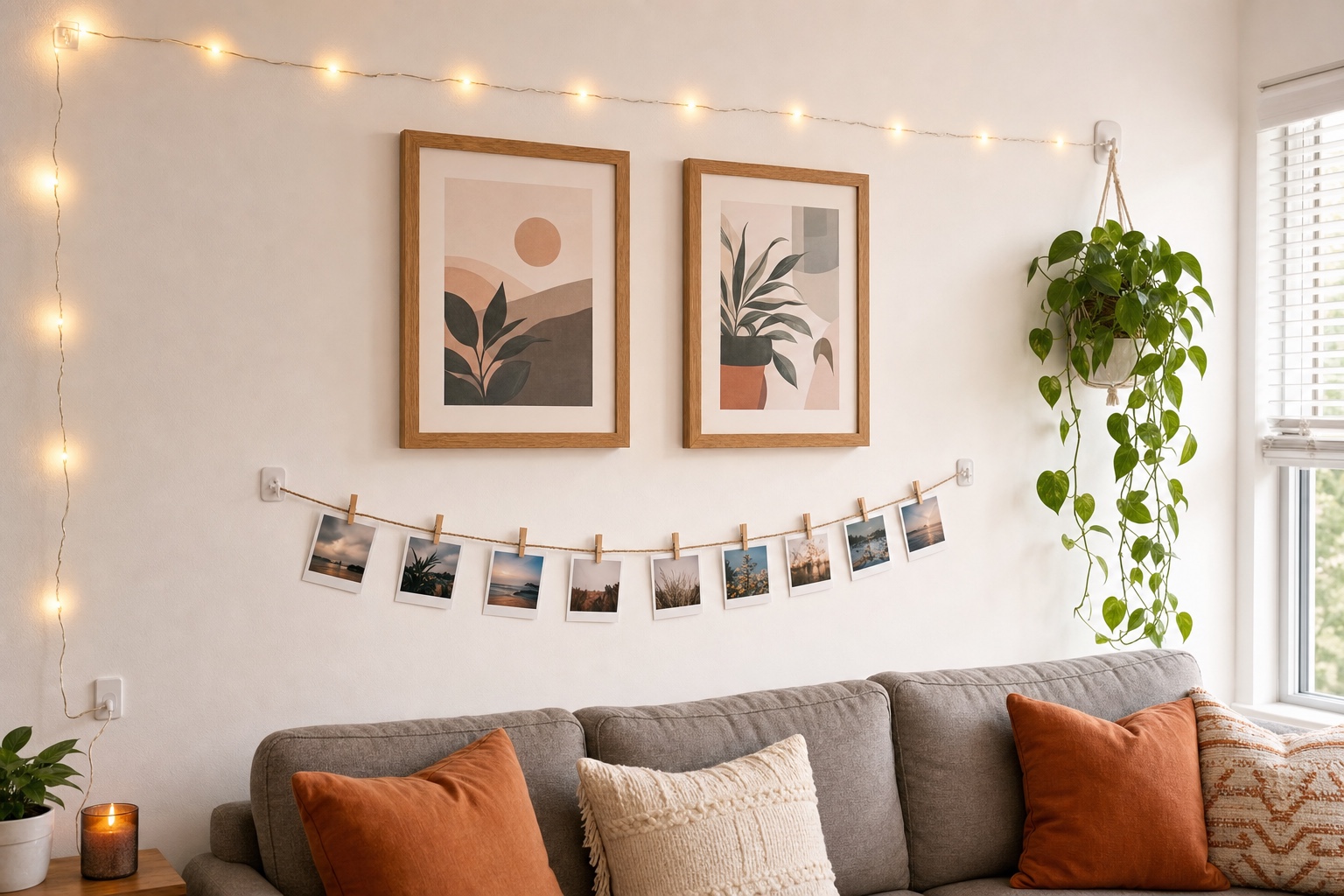 Rental living room wall decorated with framed prints, a photo garland, string lights, and a hanging plant — all on adhesive hooks