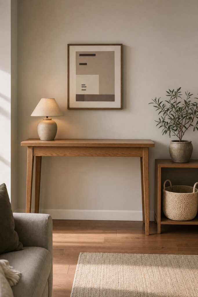 A clear mid-oak console table used as a desk, with a cream basket on the shelf beside it