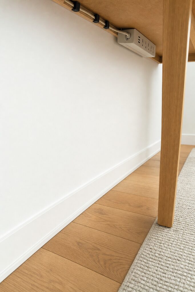 A power strip fixed under a desktop with cables clipped along the back edge, and the floor and rug beside it completely clear of cords