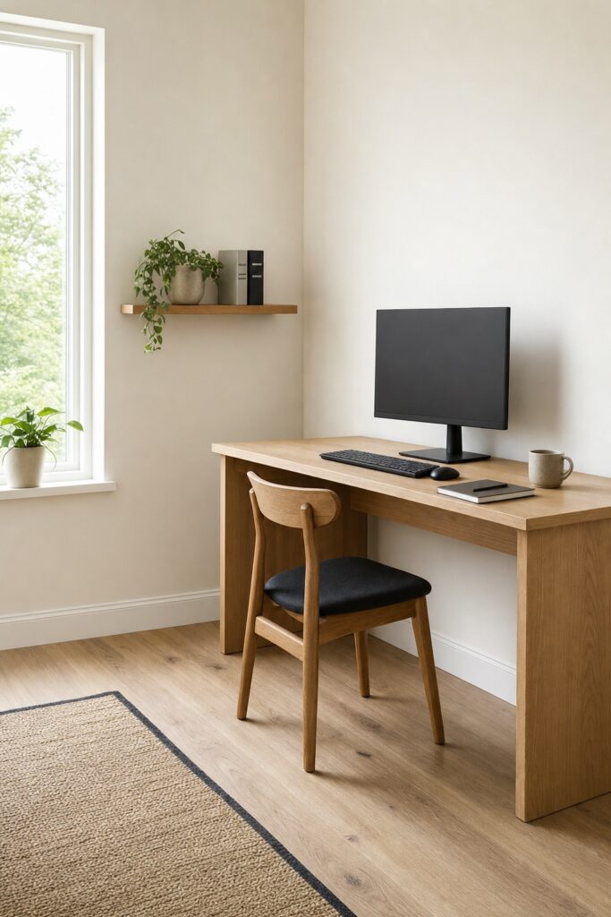 Desk along one wall of a bright corner with a monitor on the surface and a shelf on the return wall