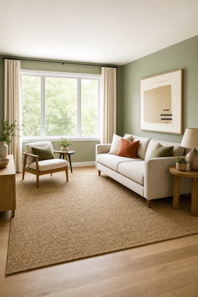 Living room where the rug reaches under the furniture, curtains hang near the ceiling and one large artwork fills the wall