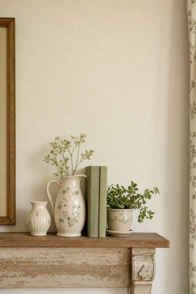 One edited cottagecore vignette — a few grouped ceramics and a small plant on a shelf with clear space around them, looking intentional rather than cluttered.