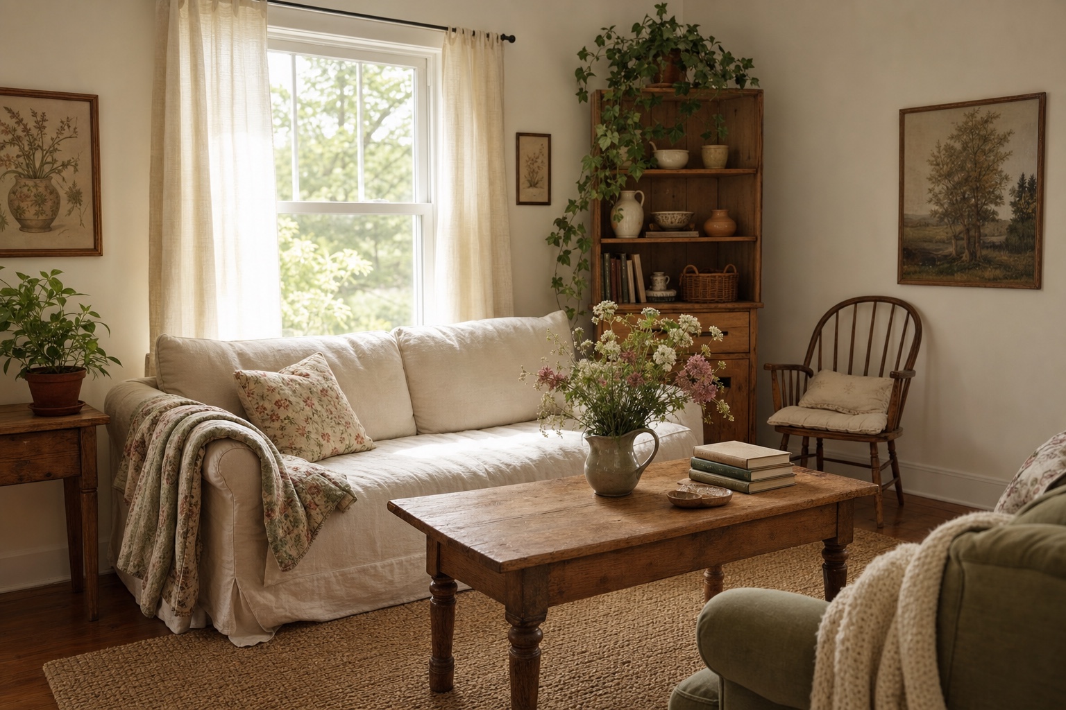 Cozy cottagecore living room with a cream linen sofa, a quilt and floral pillows, a jug of wildflowers on a wood table, open shelves of ceramics, and a potted plant in warm daylight.