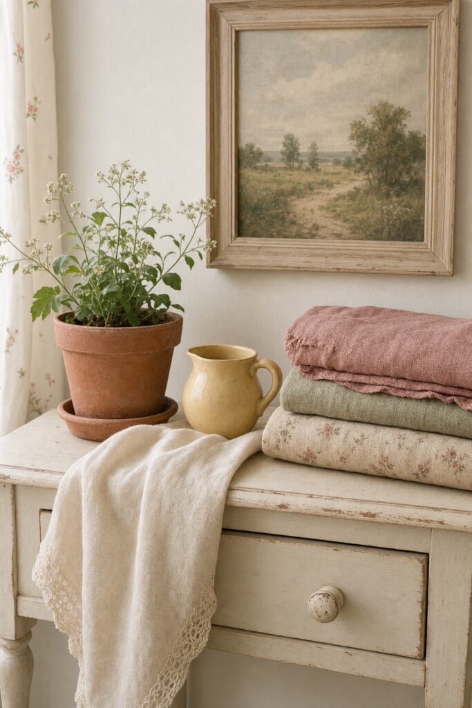 A cottagecore corner in a soft faded palette — cream walls with sage, dusty rose, and terracotta textiles plus a small butter-yellow accent.
