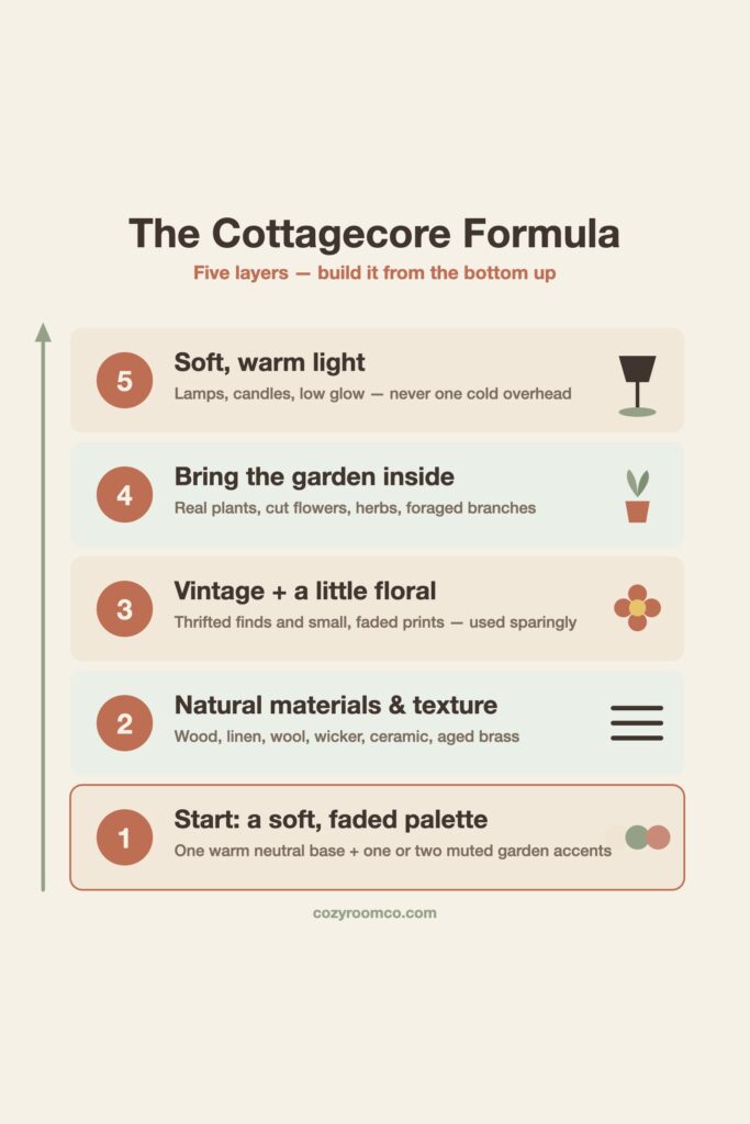 Diagram of the cottagecore formula in five stacked layers: faded palette, natural texture, vintage and floral, brought-in nature, and soft warm light.