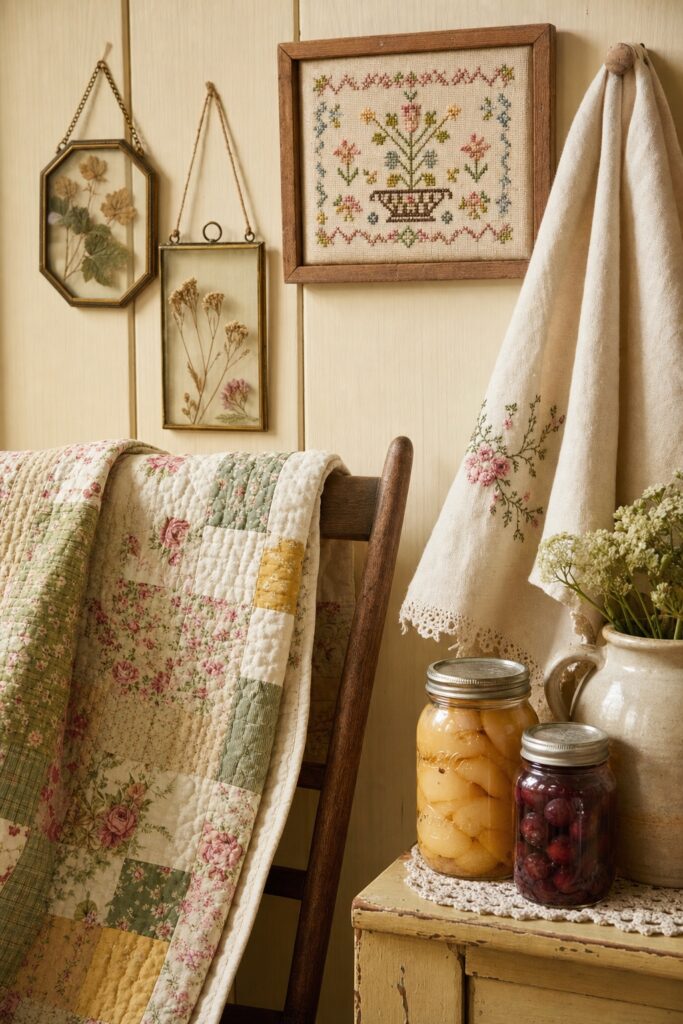 Handmade cottagecore touches — a patchwork quilt, a framed cross-stitch sampler, pressed-flower frames, and an embroidered tea towel.