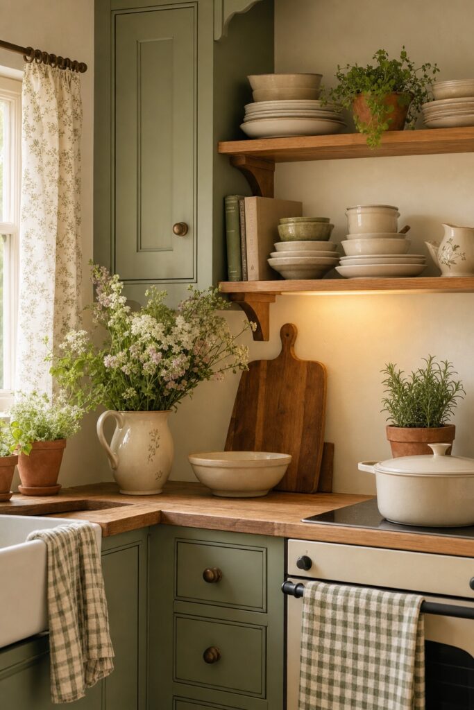 A small cottagecore kitchen with sage cabinets, open shelves of ceramics, a gingham tea towel, a wooden board, and a jug of flowers.