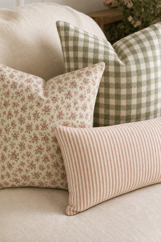 Mixed cottagecore patterns that share a color — a small rose floral pillow, a sage gingham pillow, and a ticking stripe on a plain cream linen base.