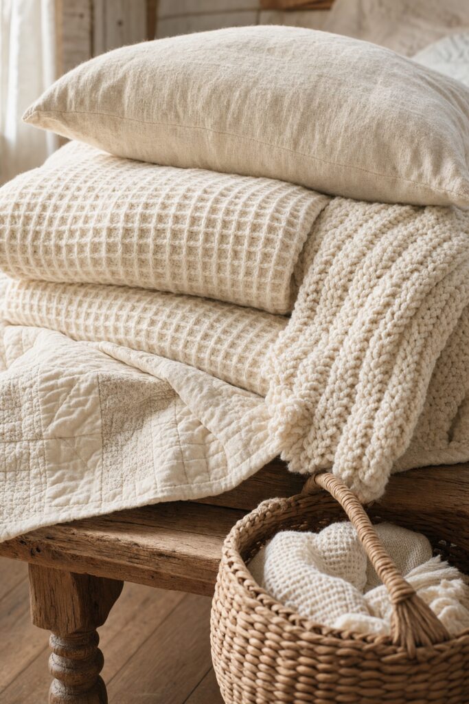 Layered natural cottagecore textures in cream — a waffle blanket, chunky knit throw, linen pillow, and a quilt on aged oak, with a wicker basket.