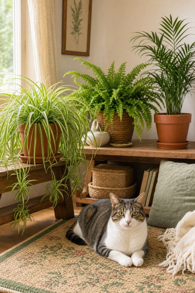 A calm cat beside pet-safe cottagecore plants — a spider plant, a Boston fern, and a parlor palm — on low wooden shelves in a cottage room.