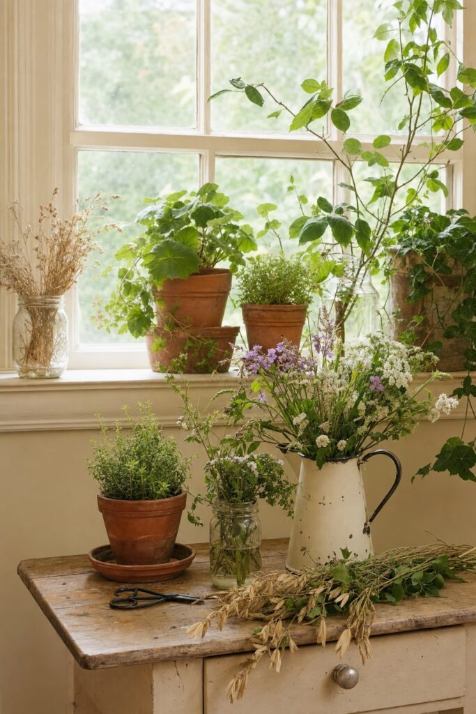 Cottagecore greenery indoors — potted plants, a jug of loose cut flowers, herbs, and dried grasses in terracotta pots and a mason jar on a sunny windowsill.