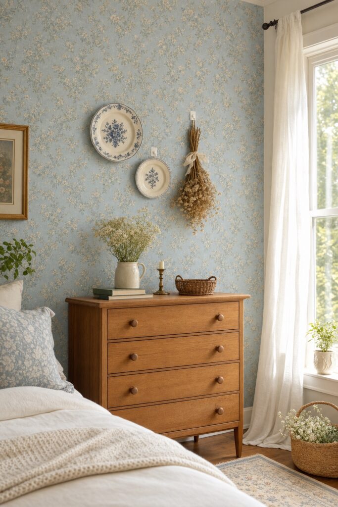 A renter-friendly cottagecore wall — removable small-floral wallpaper on a smooth accent wall behind a freestanding dresser, with plates and dried flowers hung without nails.