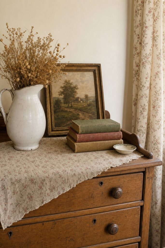 A vintage cottagecore dresser vignette with an ironstone pitcher, cloth-bound books, a small framed landscape, and a faded small-scale floral runner.