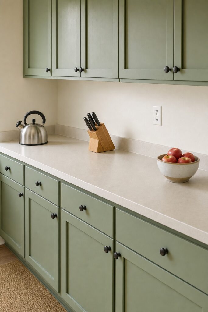 Short kitchen counter holding exactly three things with clear space between each one