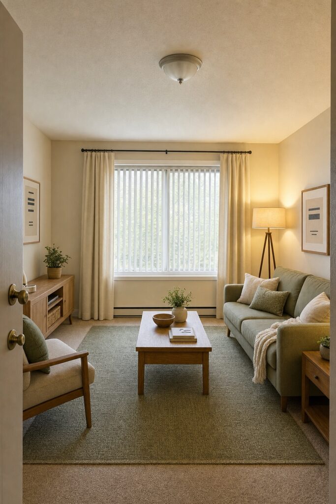 Rental room where a curtain hung above vertical blinds and a floor lamp beside a builder-grade dome light soften the fixtures