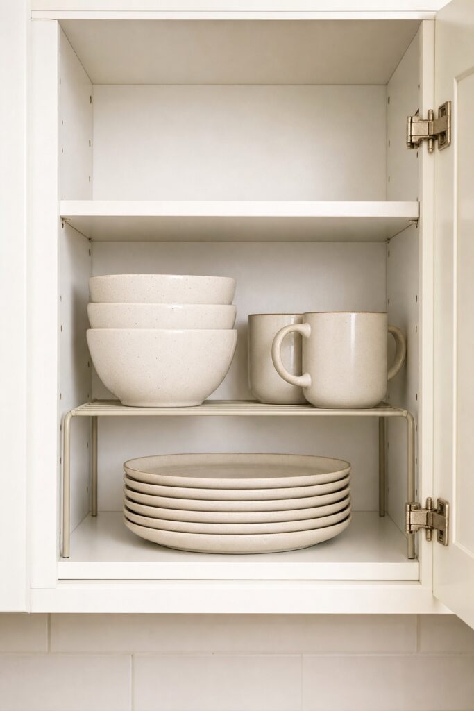 Open cupboard with a shelf riser creating a second level of stacked plates and bowls