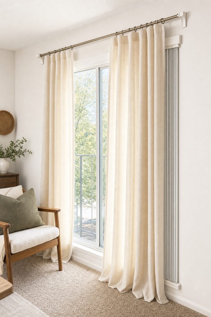 Long cream curtains hung damage-free over rental vertical blinds, softening a college apartment window