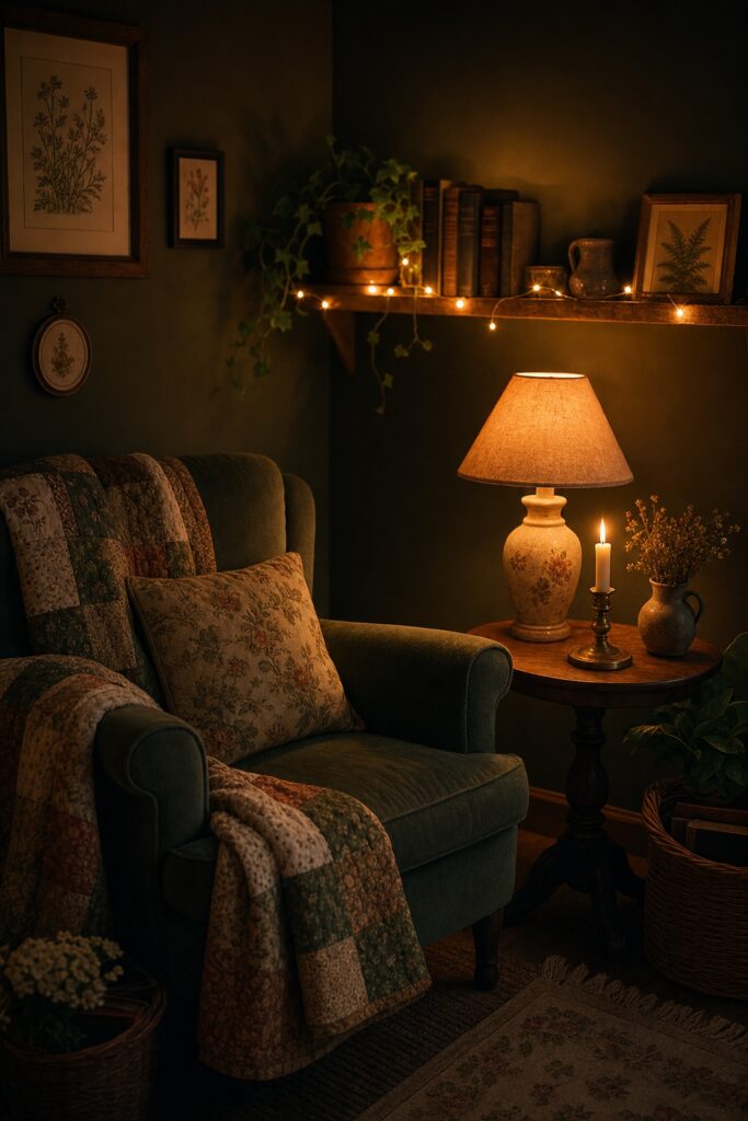 A moody dark-cottagecore corner at night — a deep green wall lit by a warm table lamp, a candle, and small string lights over a reading chair with a quilt.