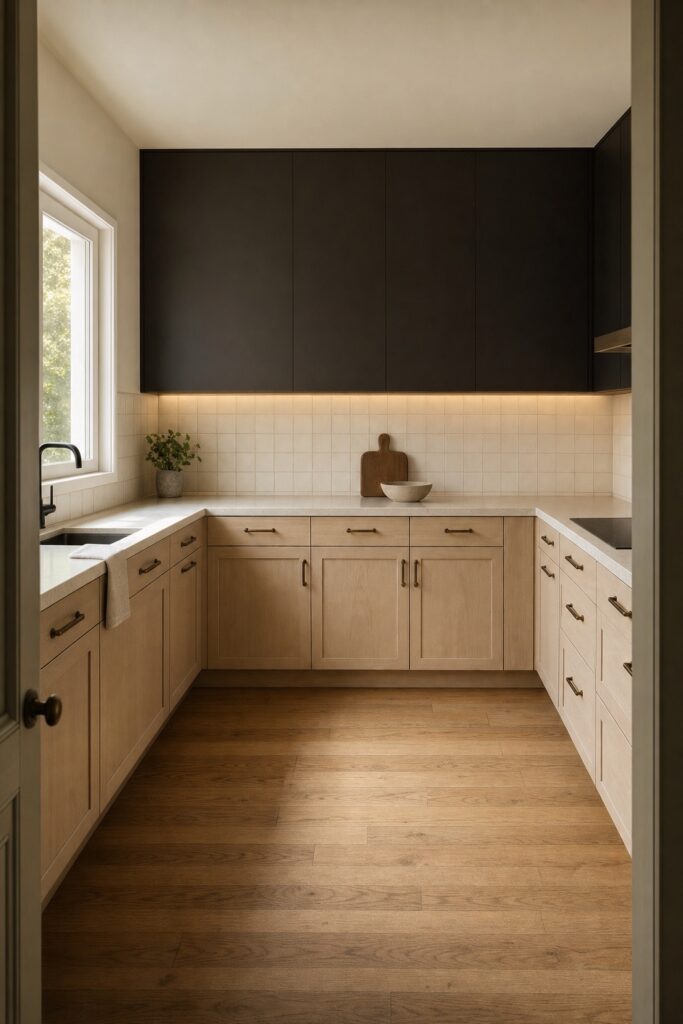 Kitchen with near-black upper cabinets above pale wood lower cabinets and a light counter