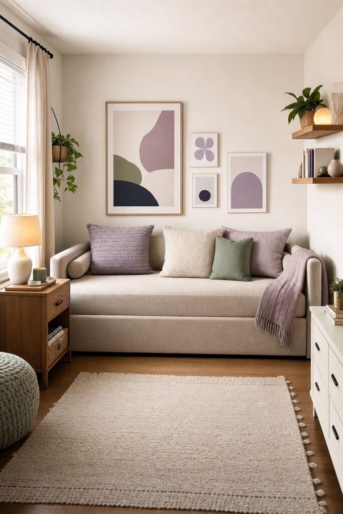 Teen small bedroom with a daybed styled as a sofa: back bolsters and throw pillows against the wall, a small side table, and open floor in front.