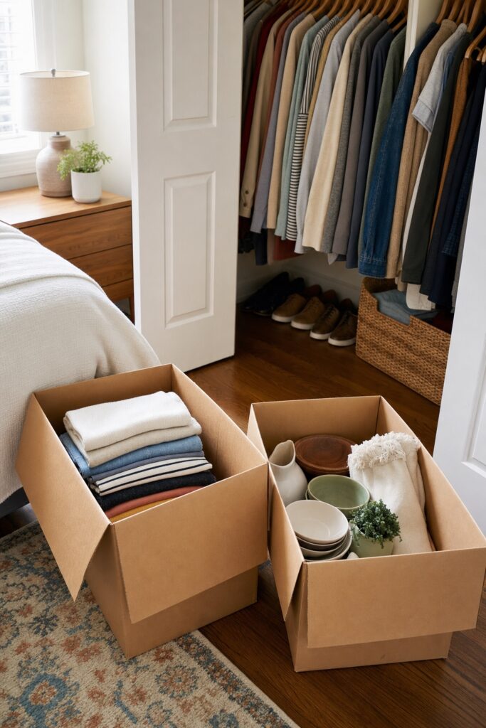 Two open boxes during pre-move decluttering — one with folded clothes to donate, one with items to keep — beside a closet in soft daylight.
