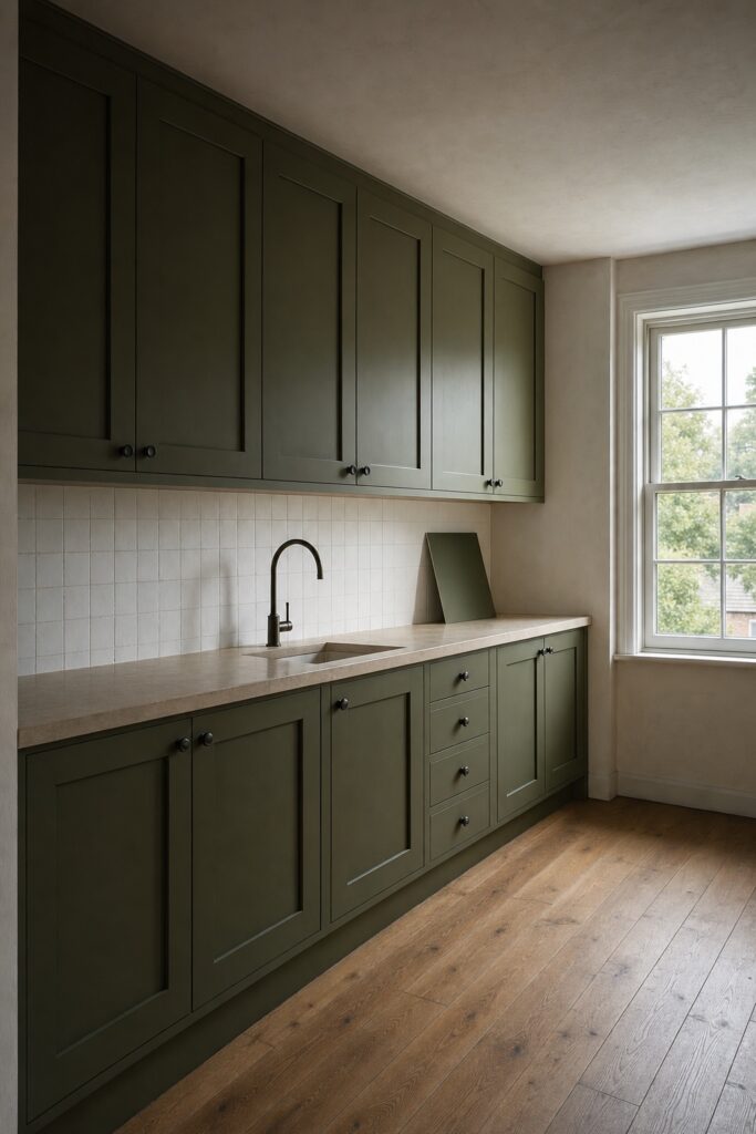Deep olive green kitchen cabinets beside a window, seen in cool daylight with a pale counter