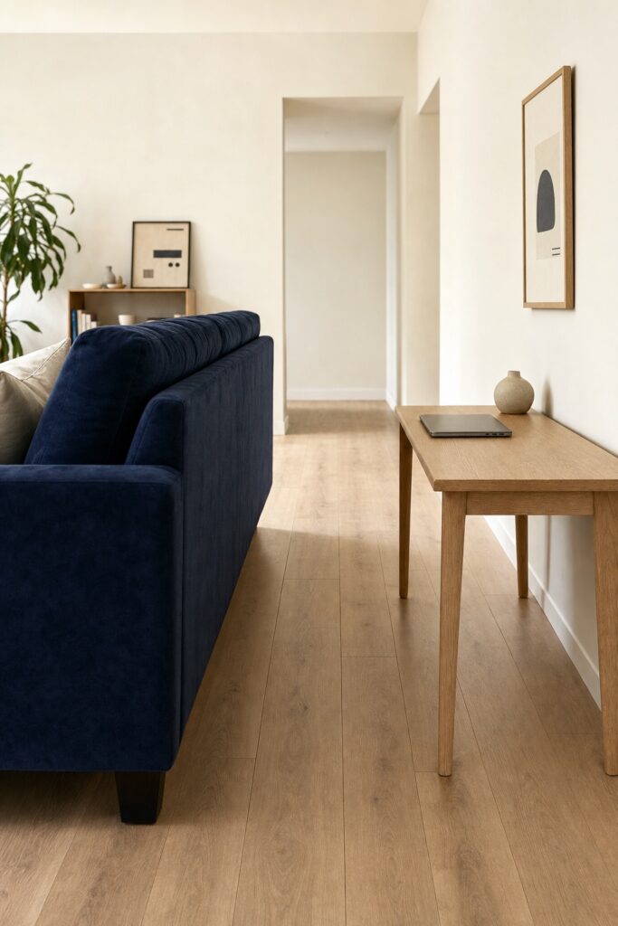 A light oak desk standing behind a navy sofa, its surface sitting just below the top of the sofa back