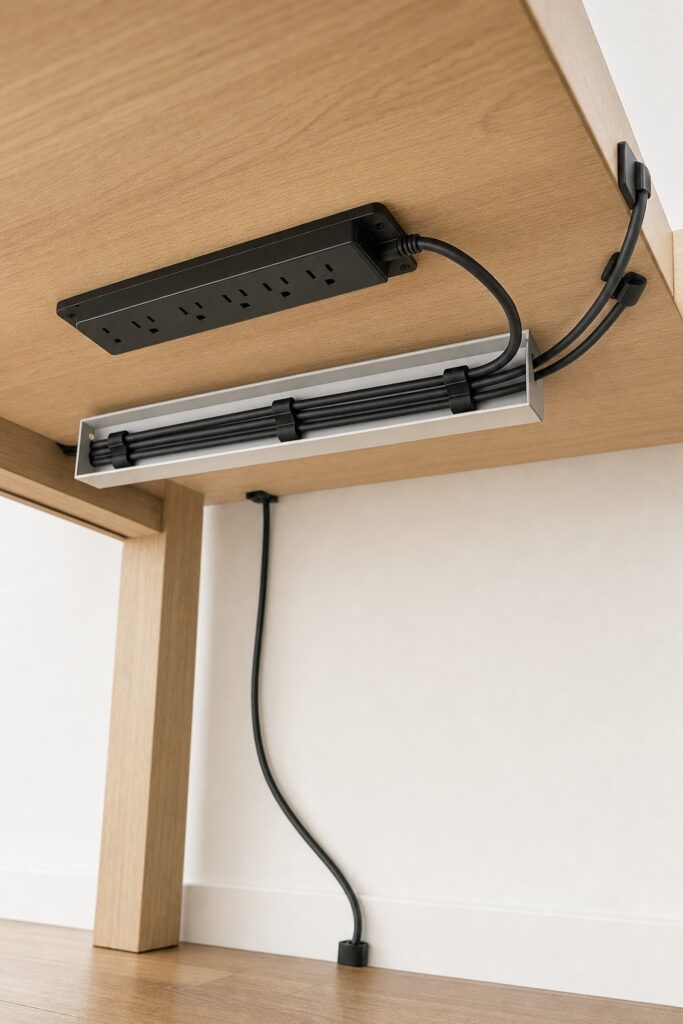 Underside of a desk with a power strip clipped in place and cables gathered into a tray so only one cord leaves the nook