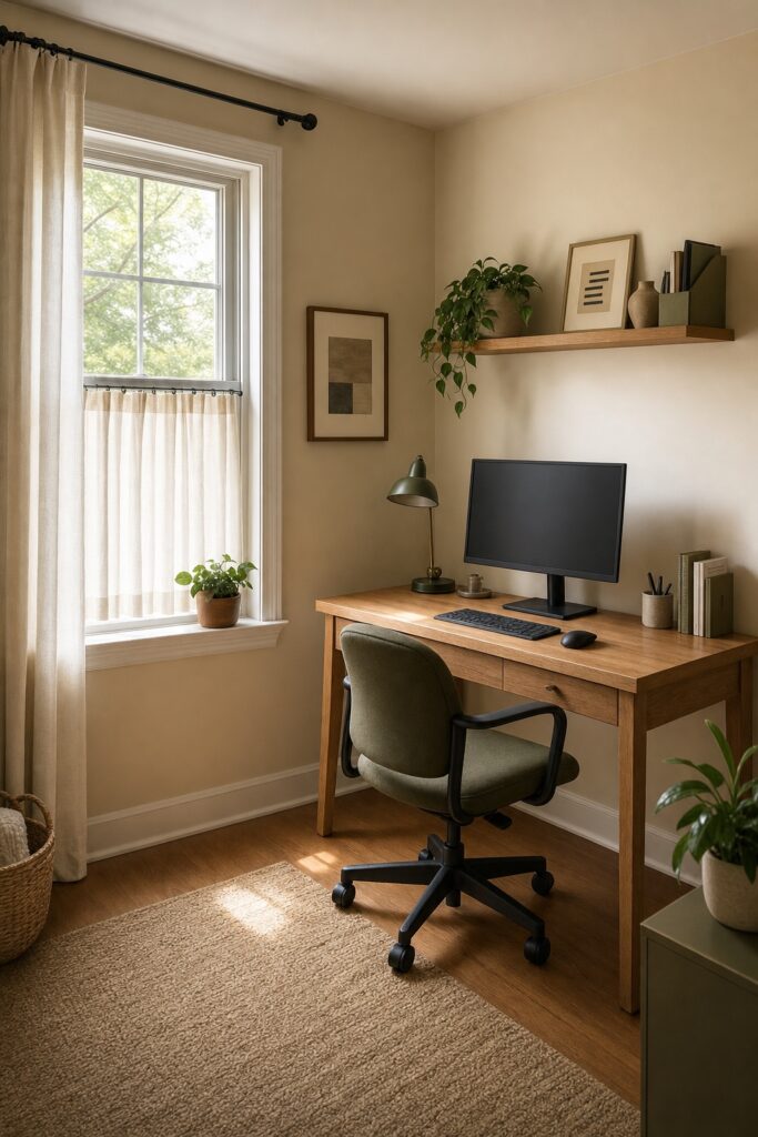 Desk positioned so the window is to one side, with daylight falling across the surface rather than behind the screen