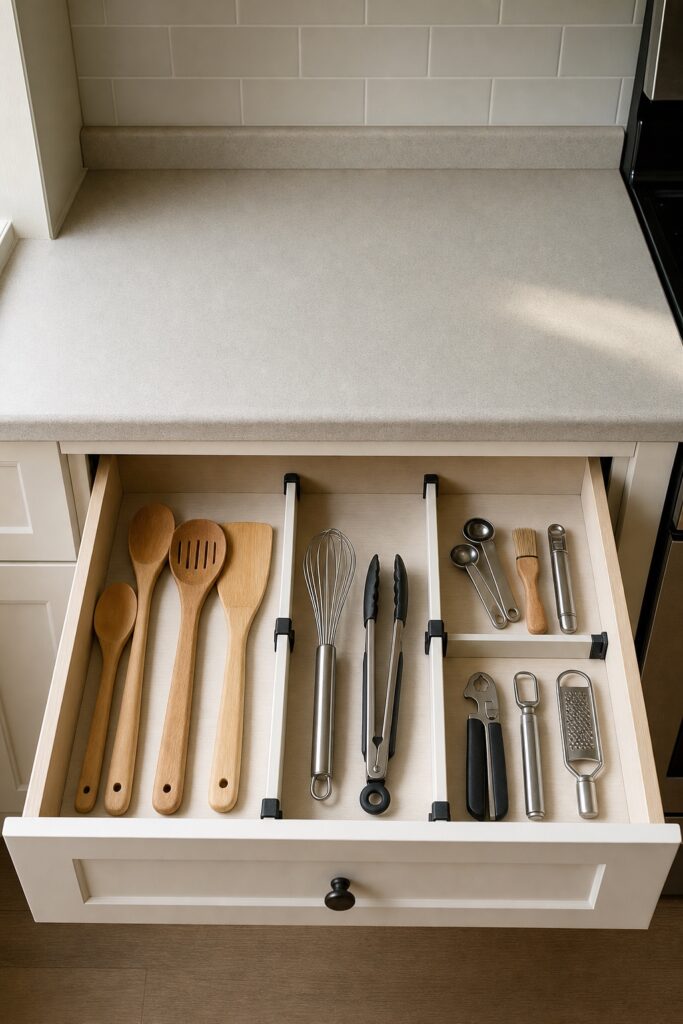 Open kitchen drawer with adjustable dividers separating cooking utensils into clear zones