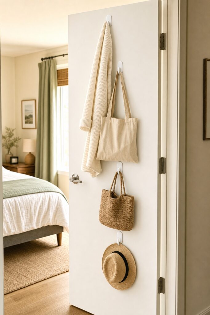 Back of a bedroom door holding a robe, tote bags, and a hat on a vertical row of adhesive hooks