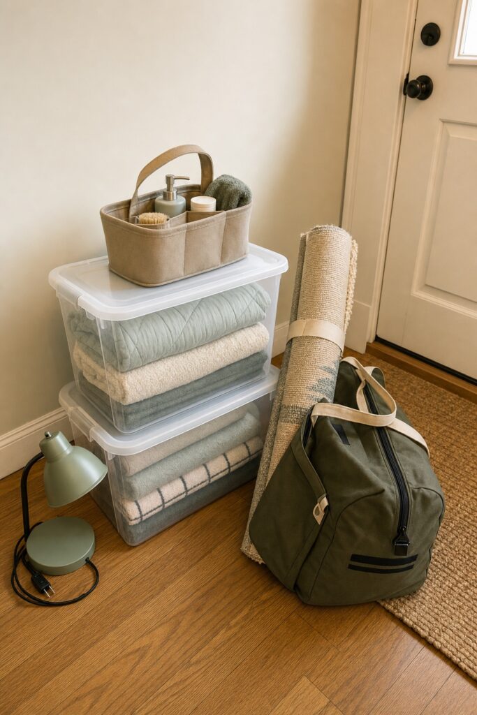 The full dorm list packed into two bins and a duffel bag, ready to load into a car