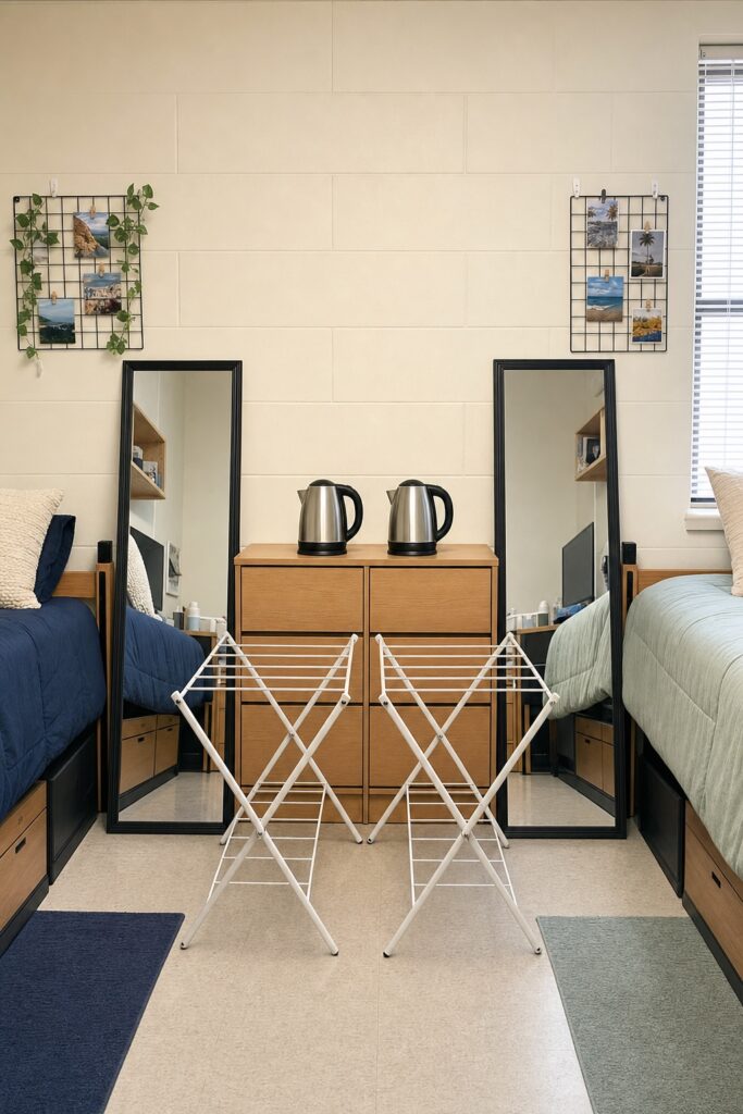 The dorm duplicate trap: two identical kettles, two leaning full-length mirrors, and two folding drying racks side by side — what happens when roommates don't text first.