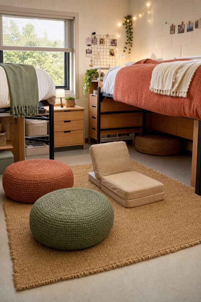 Dorm guest seating that stows: two floor poufs on a rug and a folding cushion, with a matching pouf tucked away under the raised bed behind them.