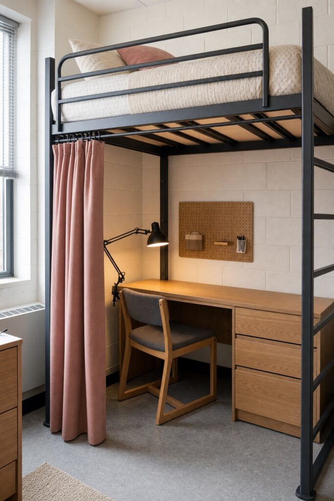 A high-lofted dorm bed with a full desk, chair and clamp lamp underneath and a dusty pink curtain closing one side