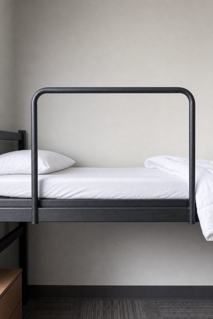 Close view of a dorm loft guardrail standing several inches above a thin mattress, showing the clearance a thick topper would eat