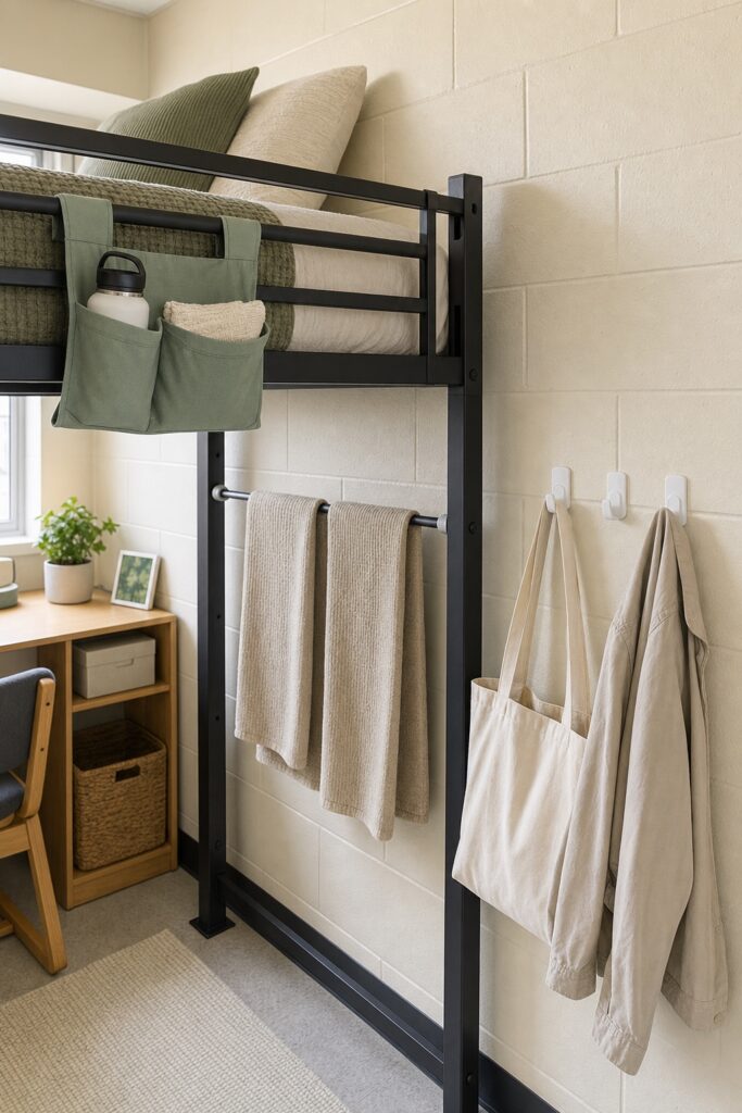 A fabric caddy hooked over a loft bed rail, a tension rod between the frame uprights and adhesive hooks on the wall
