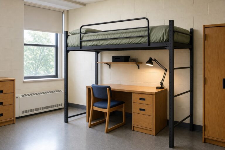 Lofted dorm bed with a guardrail, set high enough for a desk, lamp and chair to fit comfortably underneath