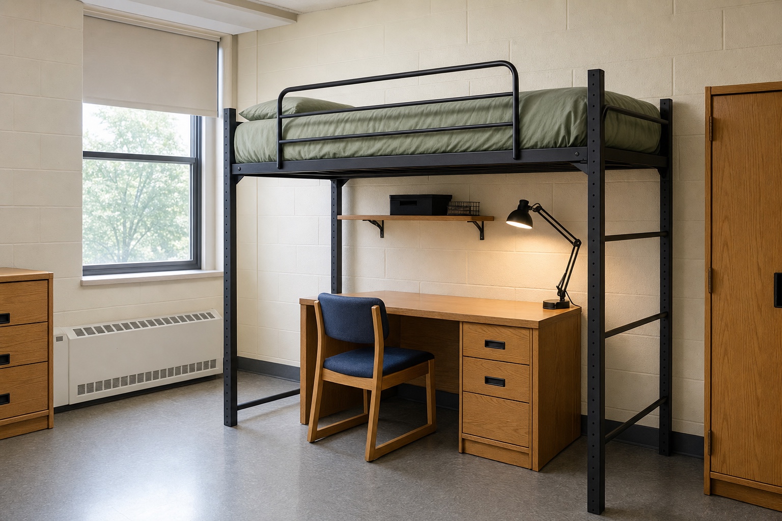 Lofted dorm bed with a guardrail, set high enough for a desk, lamp and chair to fit comfortably underneath
