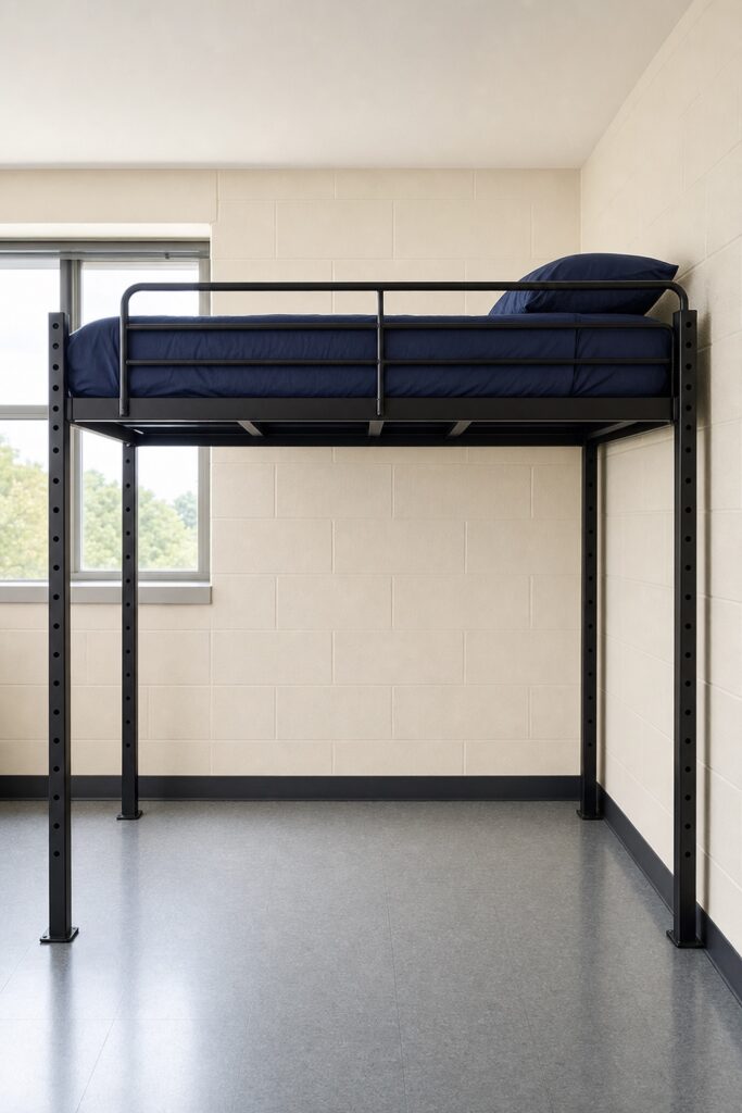 Side view of a lofted dorm bed with the space underneath left completely empty, showing the clear height available