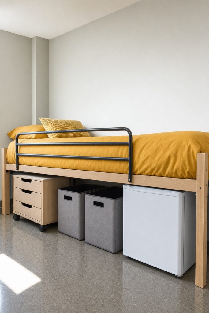 A dorm bed raised just high enough for storage, with a rolling drawer cart, front-facing fabric bins and a small fridge underneath