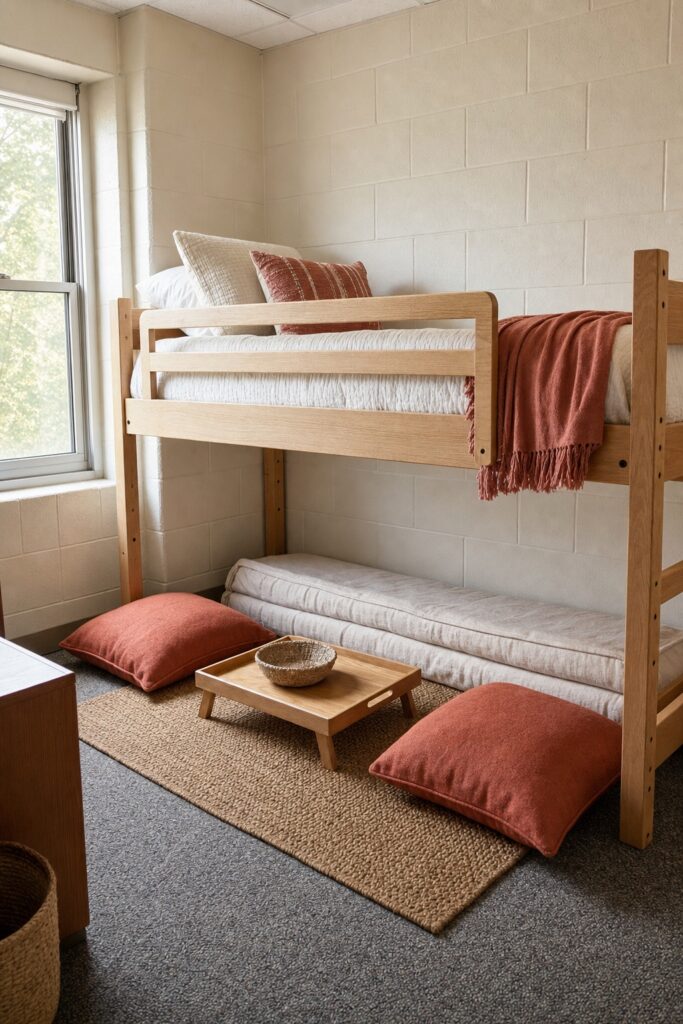 A dorm loft bed at middle height with a low futon mattress and floor cushions underneath, too low for a desk chair
