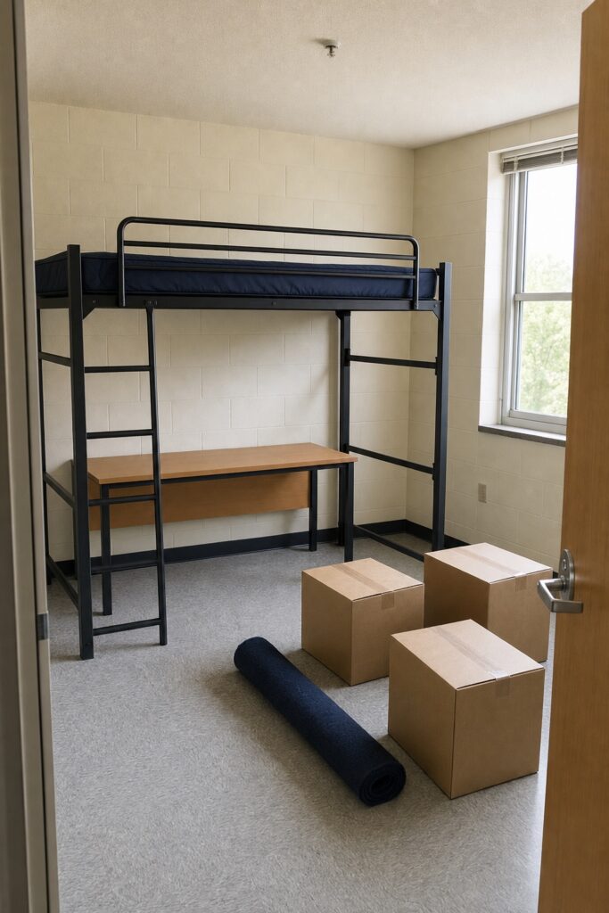 A half-unpacked dorm room on move-in day with the desk placed under the loft first and moving boxes still closed on the floor